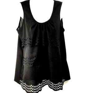 Womens Black Eyelet Scalloped Edge Top Size Small Sleeveless Scoop Neck Blouse